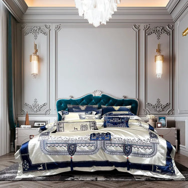 Blue Silver Luxury Tassels Patchwork Embroidered Duvet Cover Egyptian Cotton 1000TC Bedding Set